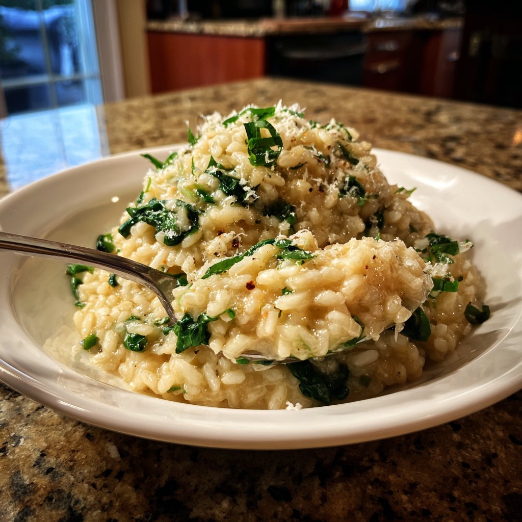 Abendessen mit cremigem Spinatrisotto
