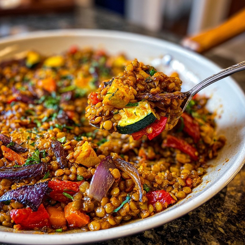 Mittagessen mit Linsen und Ofengemüse